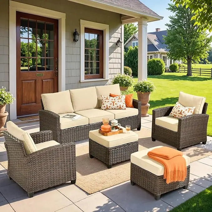Patio Furniture Set 5 Pieces Outdoor Wicker Rattan Sofa with Chairs All Weather High Back Conversation Set - Happy Home Retreat