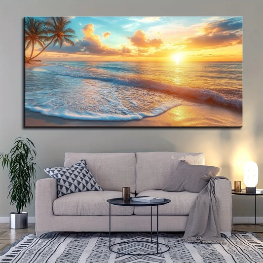 1.5 Inch Thick Pine Solid Wood Frame Natural Scenery Canvas Mural Ocean Sunset Coast Beach Picture Wall Decoration - Happy Home Retreat