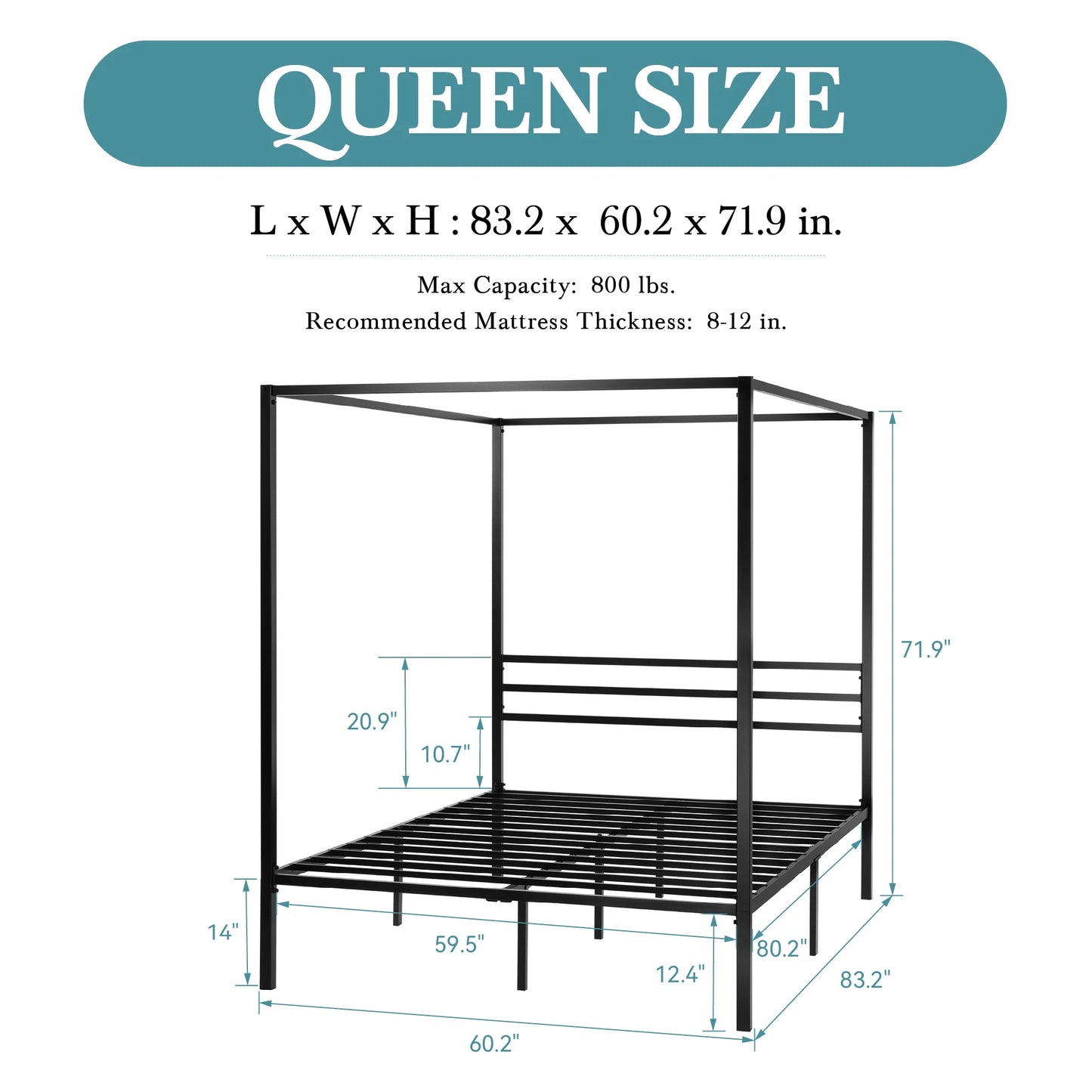 Hoomic Canopy Bed Frame Four Poster With Metal Crossbars - Happy Home Retreat