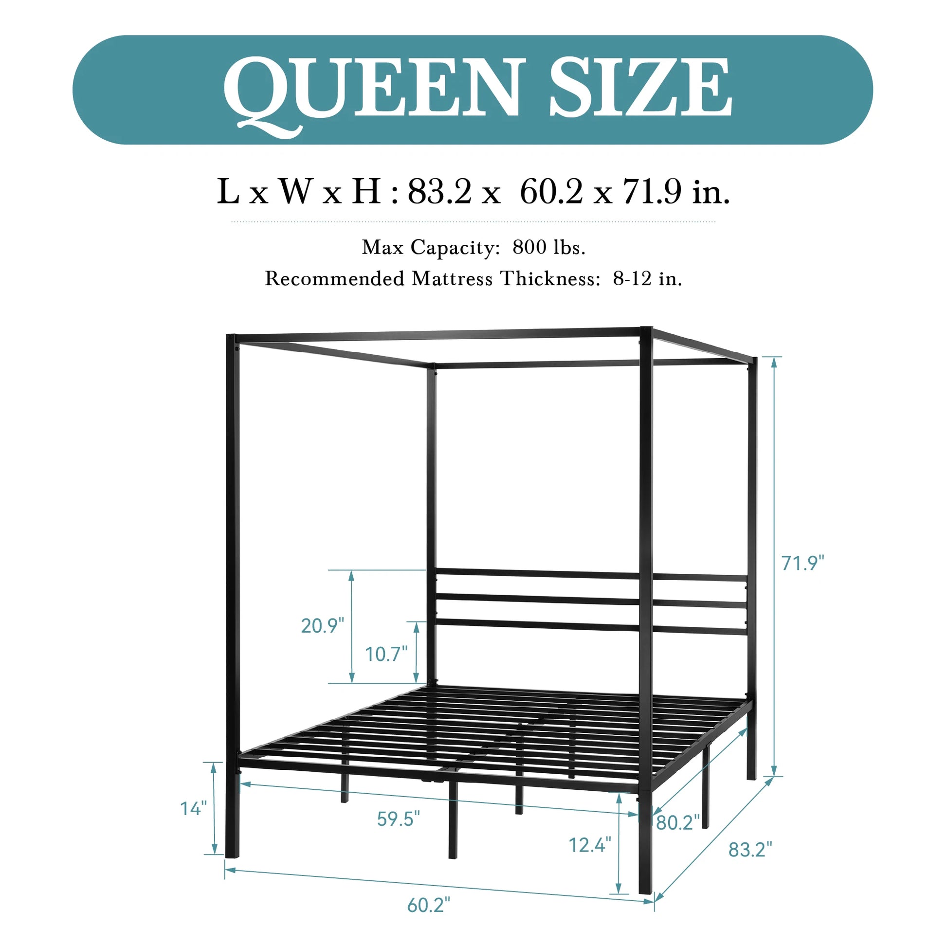 Hoomic Canopy Bed Frame Four Poster With Metal Crossbars - Happy Home Retreat