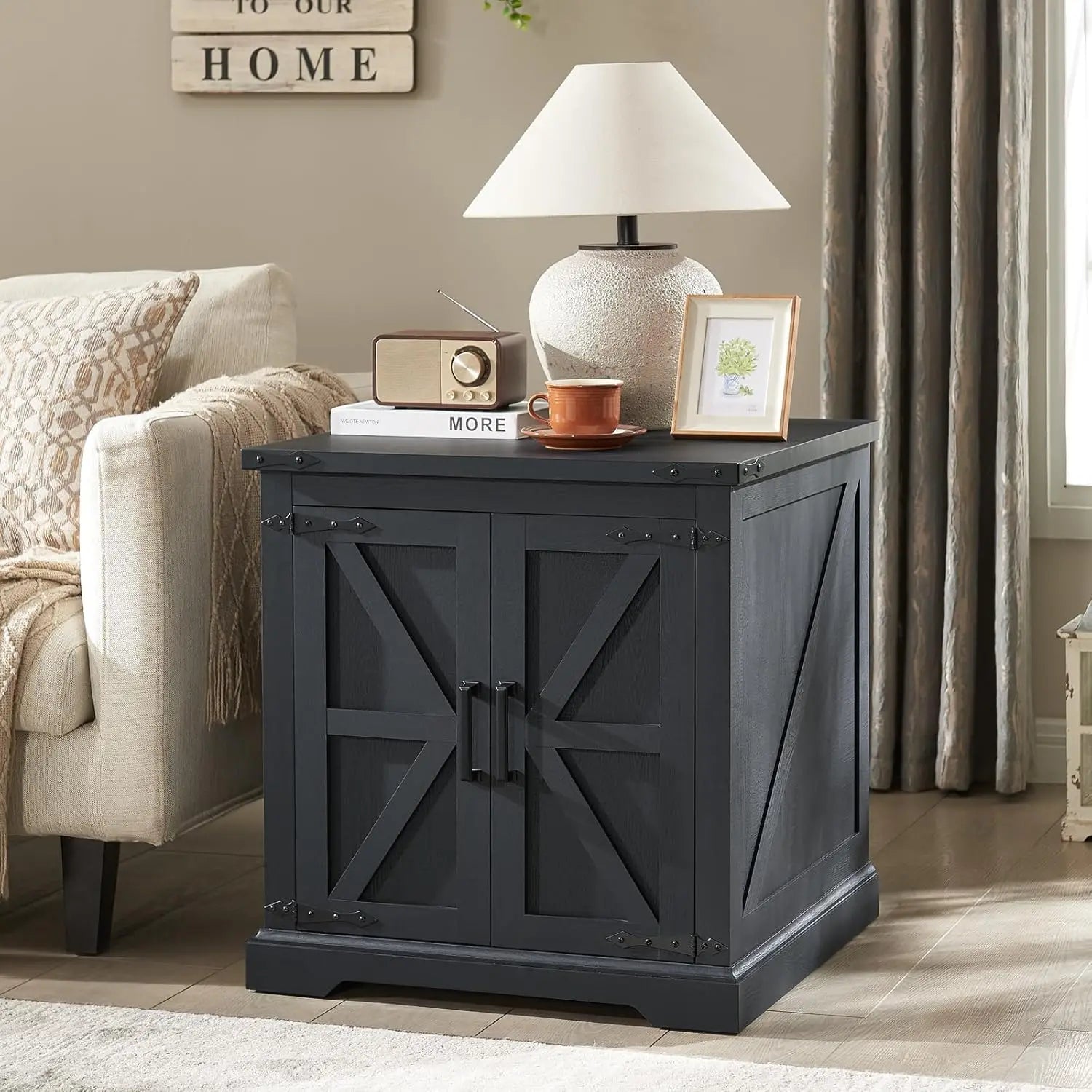 Farmhouse End Table With Charging Station Barn Door 24in - Happy Home Retreat