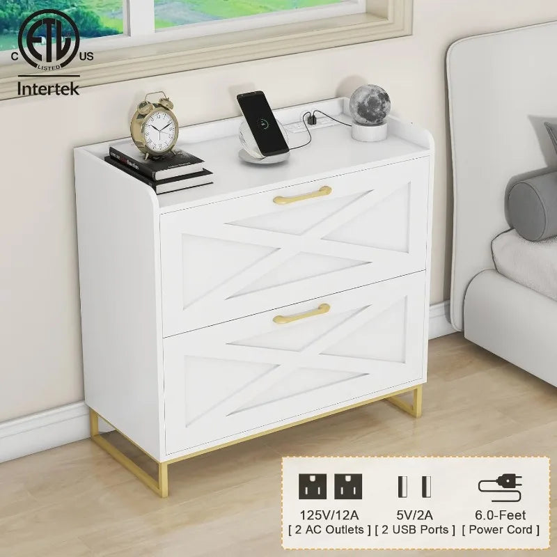 File Cabinet 2 Drawers Lateral File Cabinet with Charging Station for Letter Legal A4 Size Hanging Files White and Gold - Happy Home Retreat