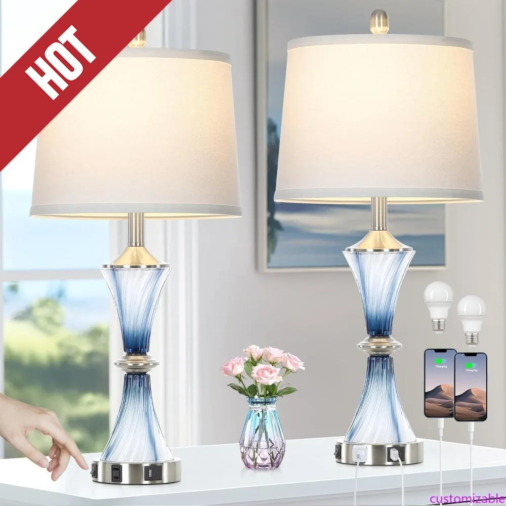 Customizable Blue Glass Table Lamp Set Of 2 With USB C And A Ports And AC Outlet - Happy Home Retreat