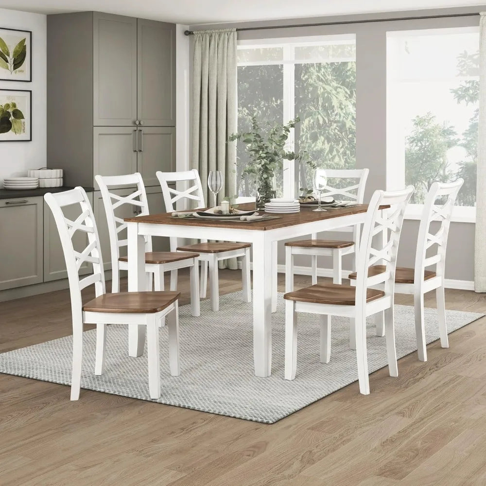 Farmhouse Dining Set For 6 Solid Wood Cross Back Chairs - Happy Home Retreat