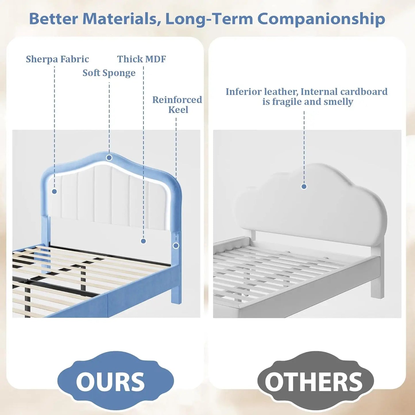 Kids Upholstered Platform Bed Frame With LED Crown Headboard Velvet Fabric - Happy Home Retreat