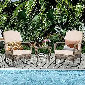 3 Piece Patio Furniture Set Outdoor Rocking Chairs Set of 2 Patio Conversation Set with Rattan Coffee Table - Happy Home Retreat