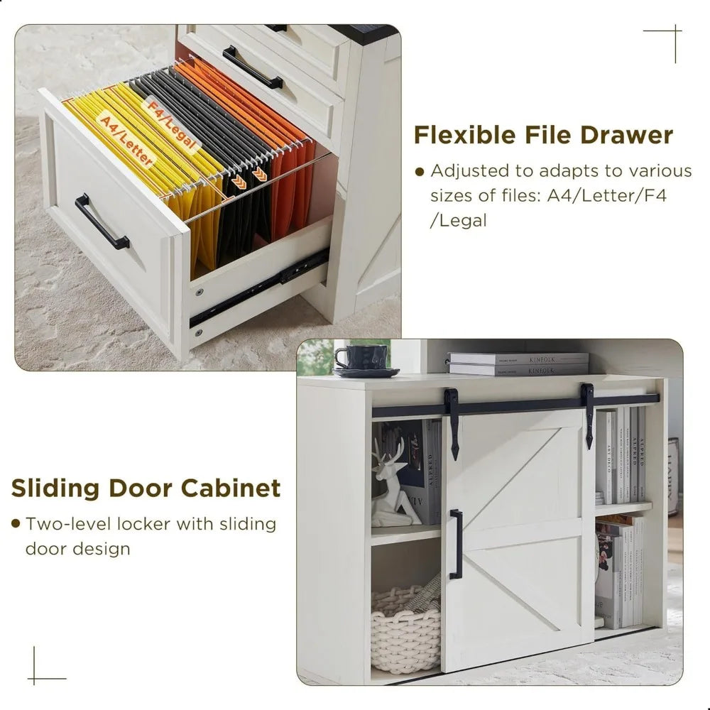 Home Office Desk Modern Farmhouse Computer Desk with File Cabinet 67 Inch Off White - Happy Home Retreat