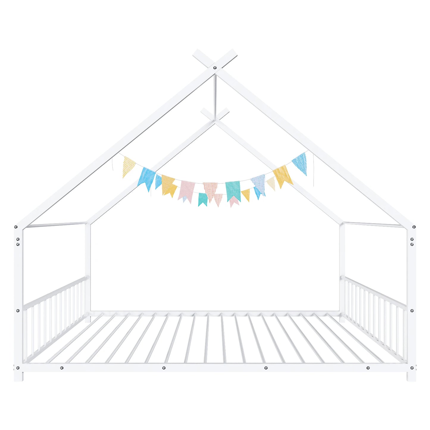 White Flat Bed House Shape Twin Children's Iron Bed With Side Guardrails - Happy Home Retreat