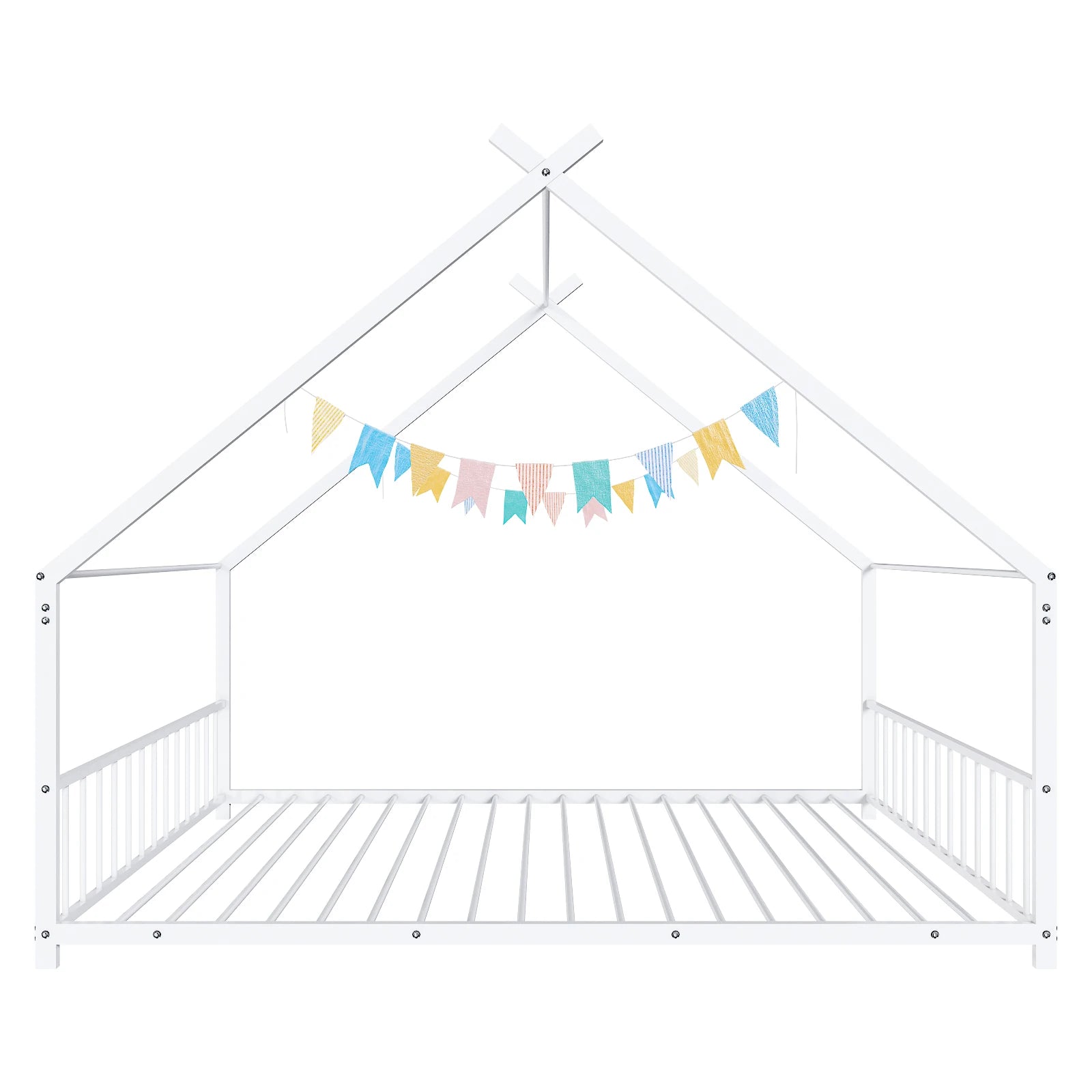 White Flat Bed House Shape Twin Children's Iron Bed With Side Guardrails - Happy Home Retreat