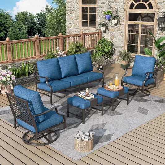 Patio Furniture Set 5 Pieces Outdoor 3 Seat Sofa 2 Swivel Chairs 2 Ottomans with Extra Thick Cushions - Happy Home Retreat