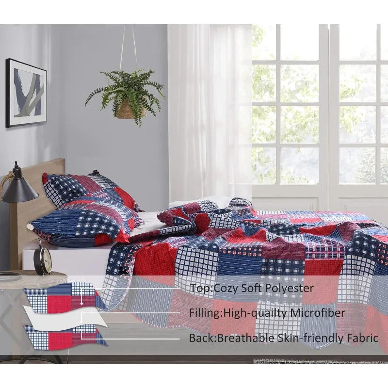 Plaid Quilt Set Queen Bedspread Coverlet Red Blue White Patchwork Soft Lightweight Bedding with 2 Pillow Shams - Happy Home Retreat
