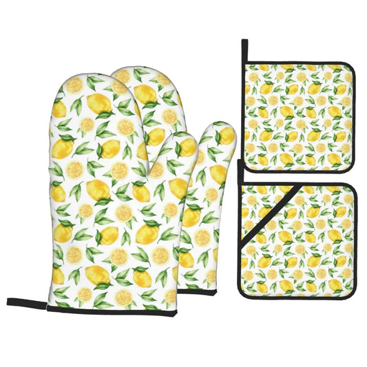 Bright Yellow Lemons Oven Mitts and Pot Holders Set of 4 Non-Slip Hot Pads for Cooking Baking Grilling - Happy Home Retreat