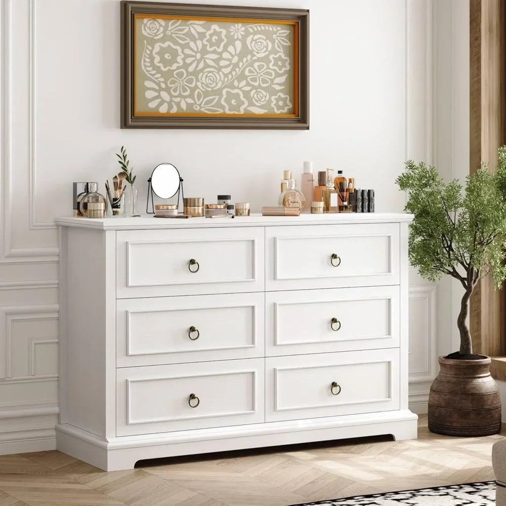 White 6 Drawer Dresser Modern Farmhouse Storage Chest Bedroom Furniture - Happy Home Retreat
