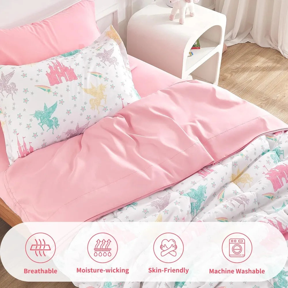 7 Pieces Queen/Full Size Kids Comforter Set, 7-Piece Bed in a Bag All-Season Microfiber Kids' Comforter, Fitted Sheet, Flat - Happy Home Retreat