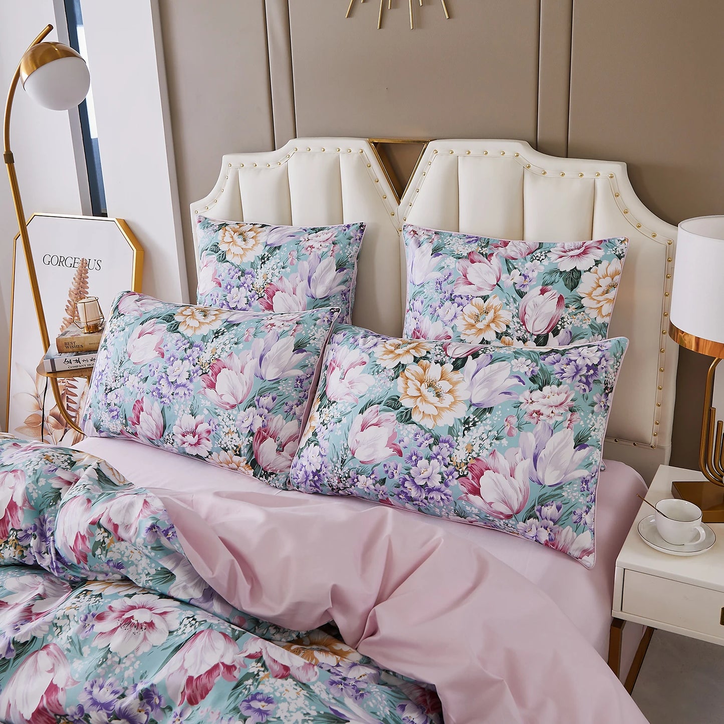 3pcs 600TC 100% Egyptian Cotton Duvet Cover Set, Pastel Pink Blue Garden Floral, Soft Skin-Friendly (No Inserts) - Happy Home Retreat