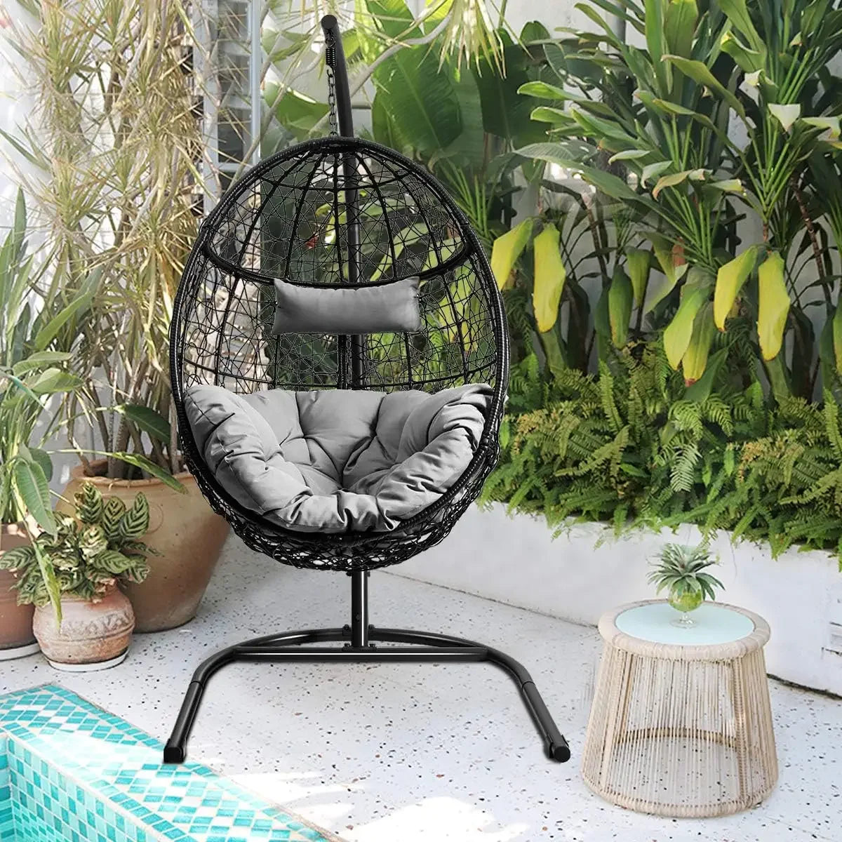 Hanging Egg Chair 36.5 Width Oversized Swing Chair with C Hammock Stand Set Soft Seat Cushion and Pillow Gray - Happy Home Retreat