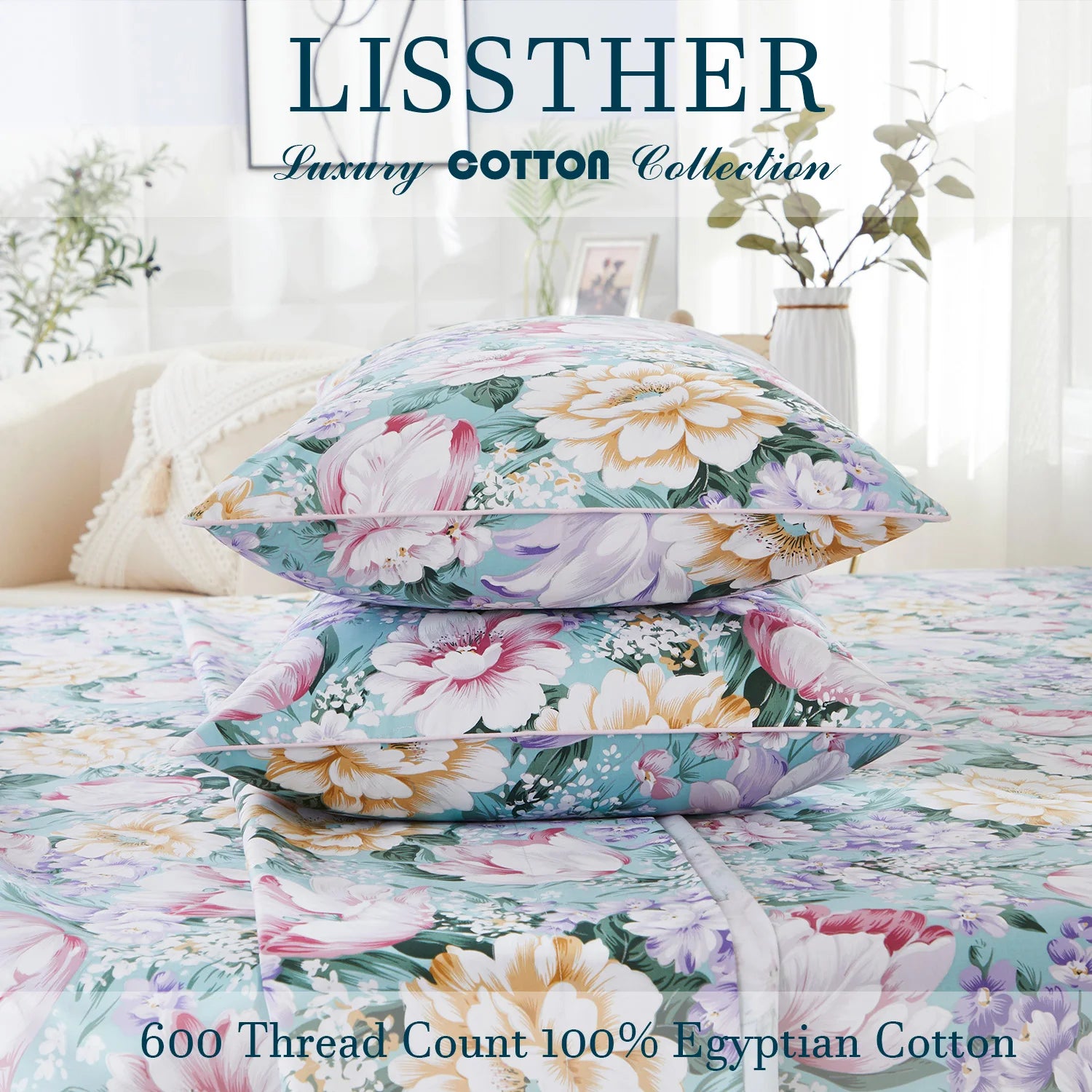 3pcs 600TC 100% Egyptian Cotton Duvet Cover Set, Pastel Pink Blue Garden Floral, Soft Skin-Friendly (No Inserts) - Happy Home Retreat