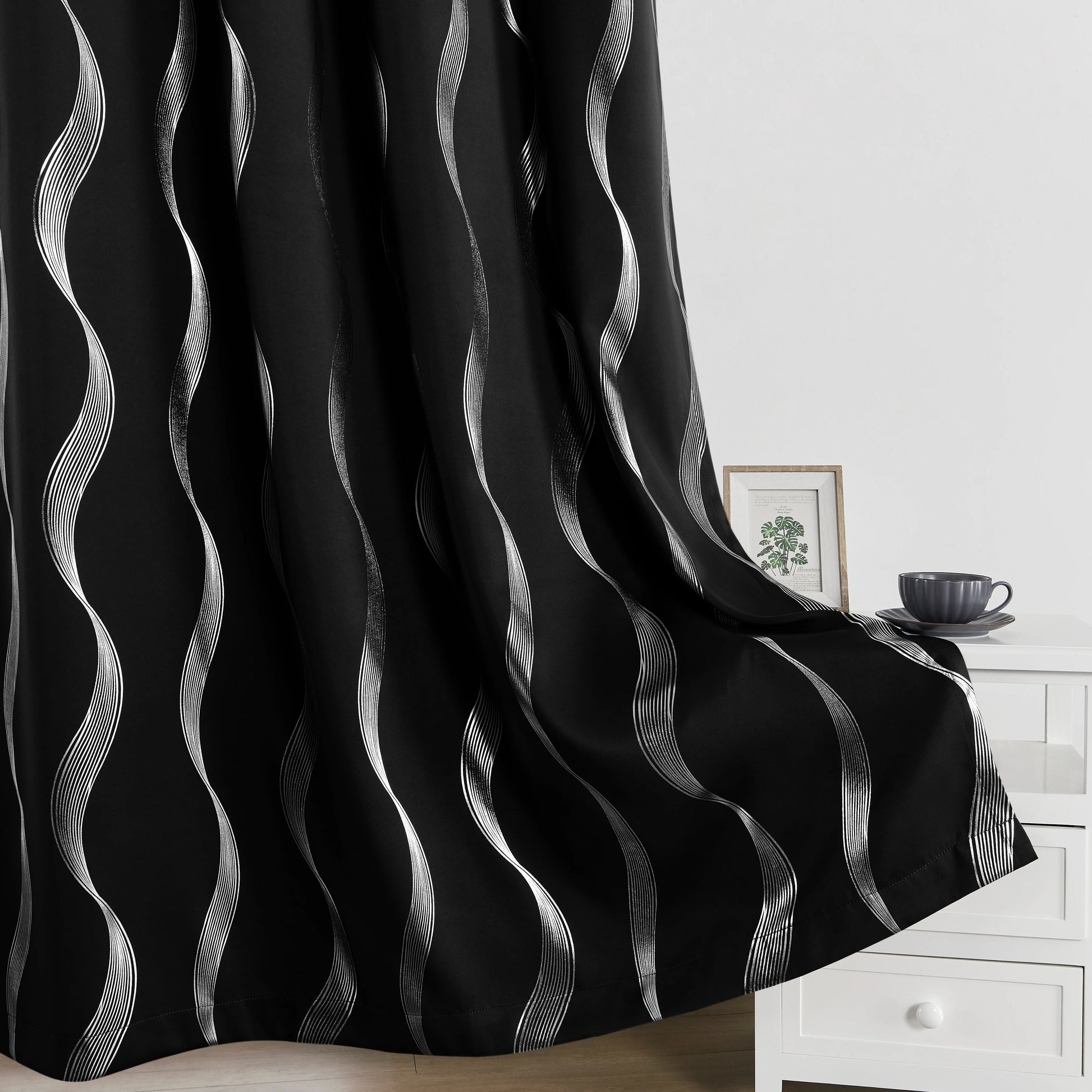 4 Pcs Blackout Curtains Grommet Thermal Insulated Room Darkening Wave Foil Printed For Bedroom - Happy Home Retreat
