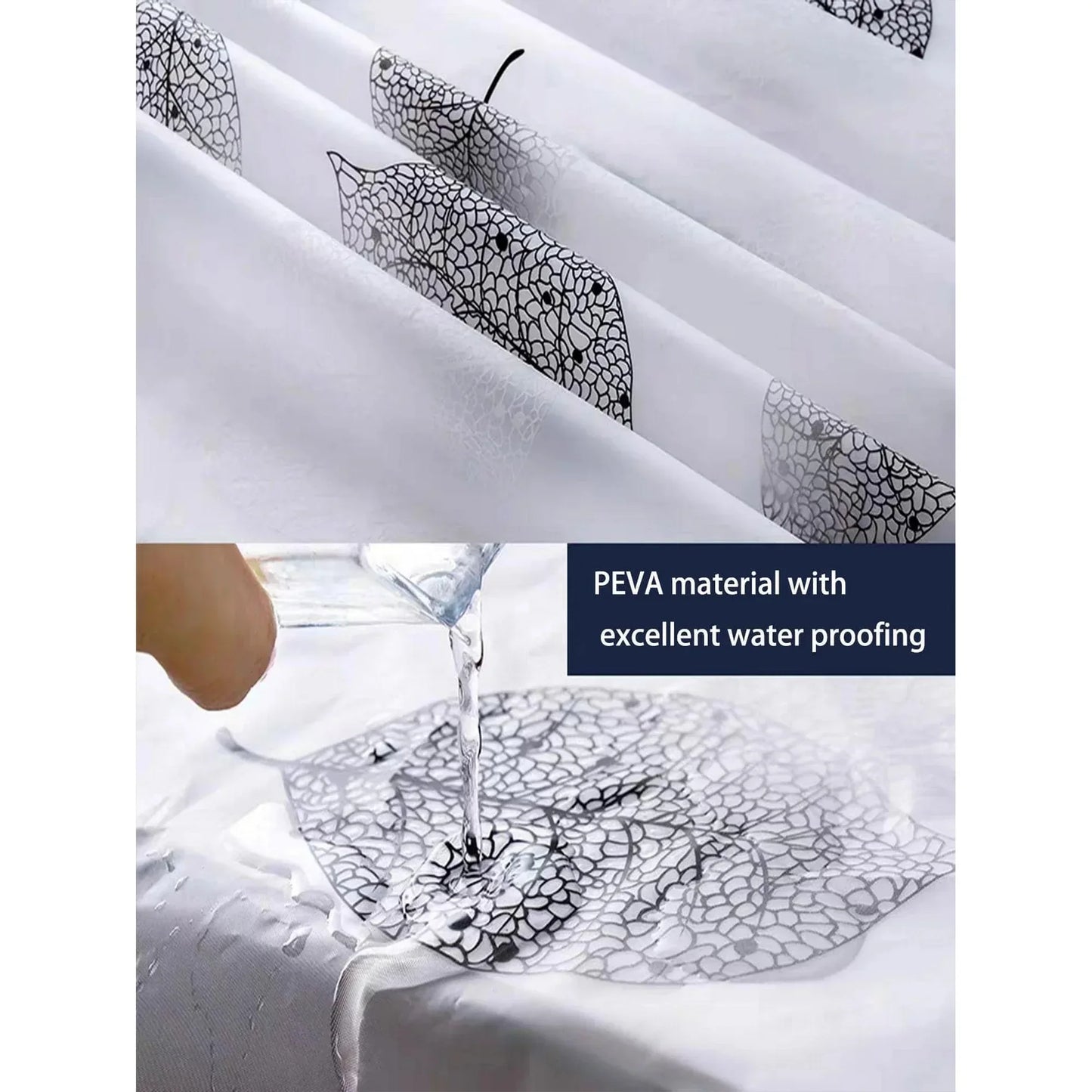 Leaf Pattern Peva Shower Curtain With Hooks, Transparent Bathroom Decor - Happy Home Retreat