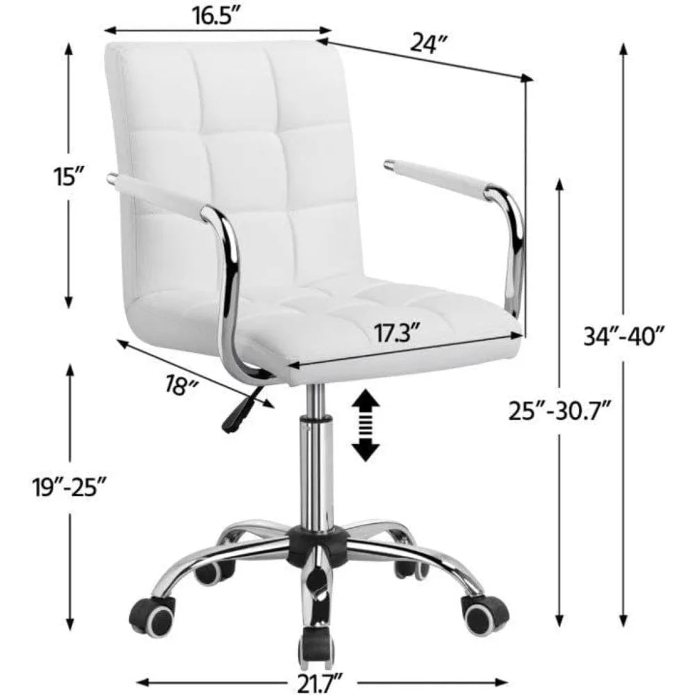 White Desk Chair with Wheels and Armrests Modern PU Leather Midback Adjustable Office Chair - Happy Home Retreat