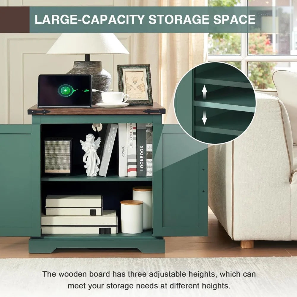 Farmhouse End Table With Charging Station Barn Door 24in - Happy Home Retreat