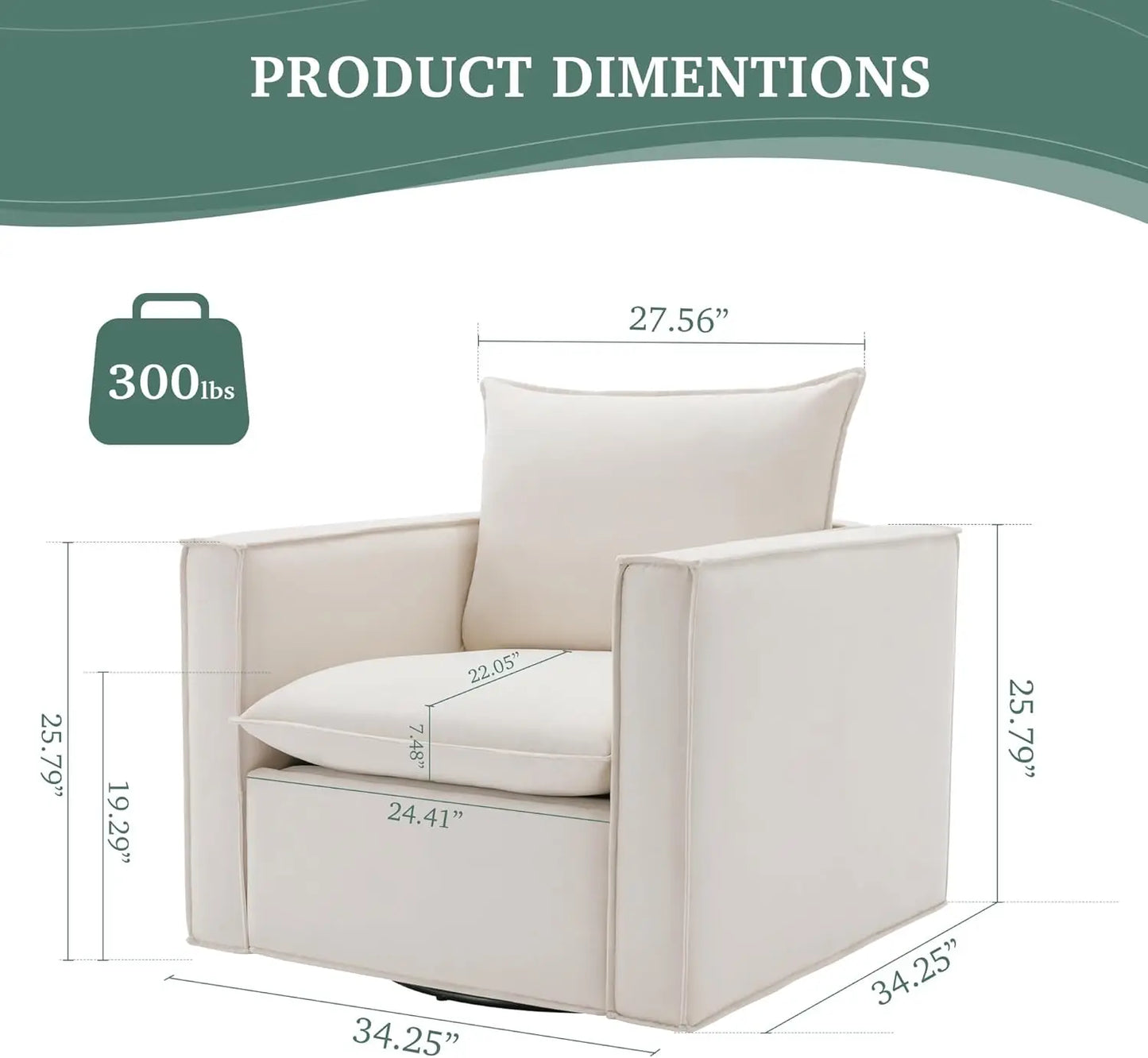 Swivel Accent Chair 34 Inch Wide Upholstered Arm Chair With Plump Back Pillow