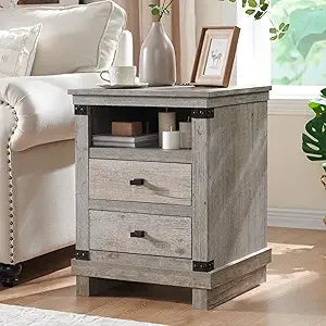 RedLemon Farmhouse Nightstand With Charging Station Drawers Wood Bedside Table - Happy Home Retreat