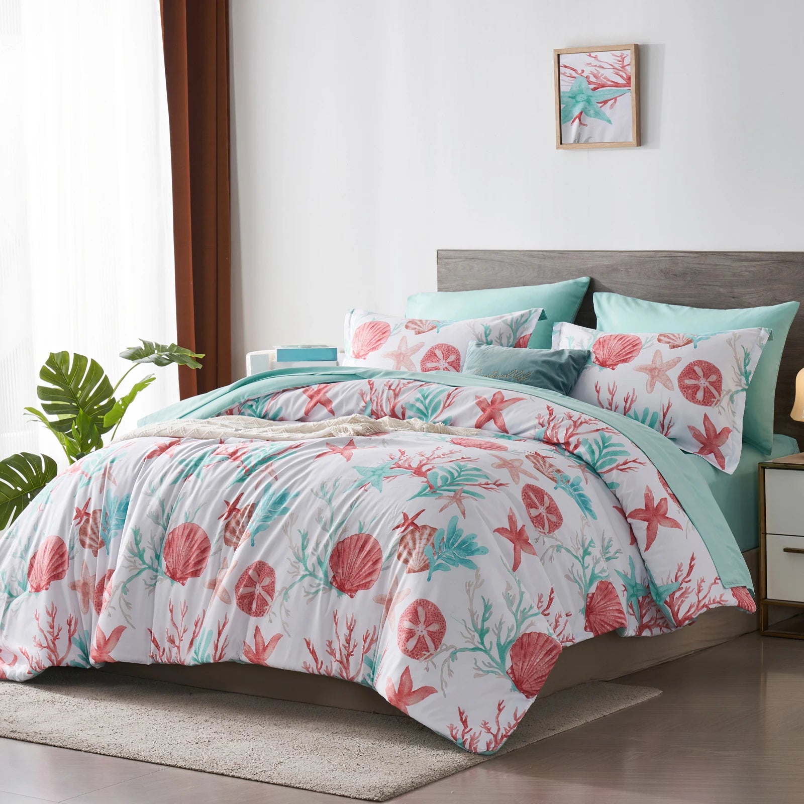 7 Piece Bed In A Bag Bed Comforter Set Queen, Fashion Starfish Coral Print, Boho Print Comforter And Sheet, Pillowcase Set, - Happy Home Retreat