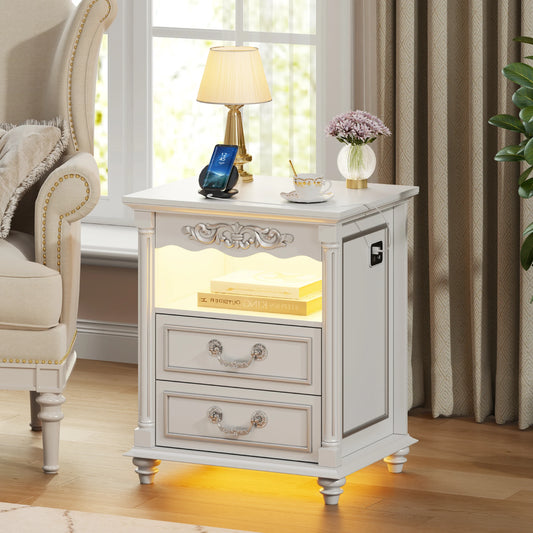 JDPAG Farmhouse Nightstand Gun Drawer 20 Inch Vintage Bedside Table LED Lights - Happy Home Retreat
