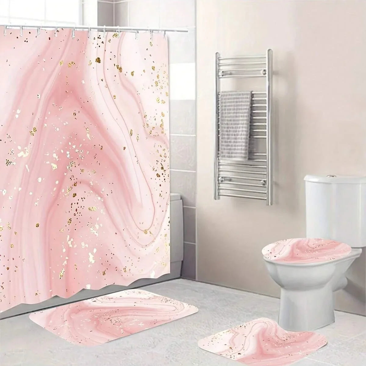 Pink Marble Gilding Shower Curtain Water Resistant Polyester With Plastic Hooks - Happy Home Retreat