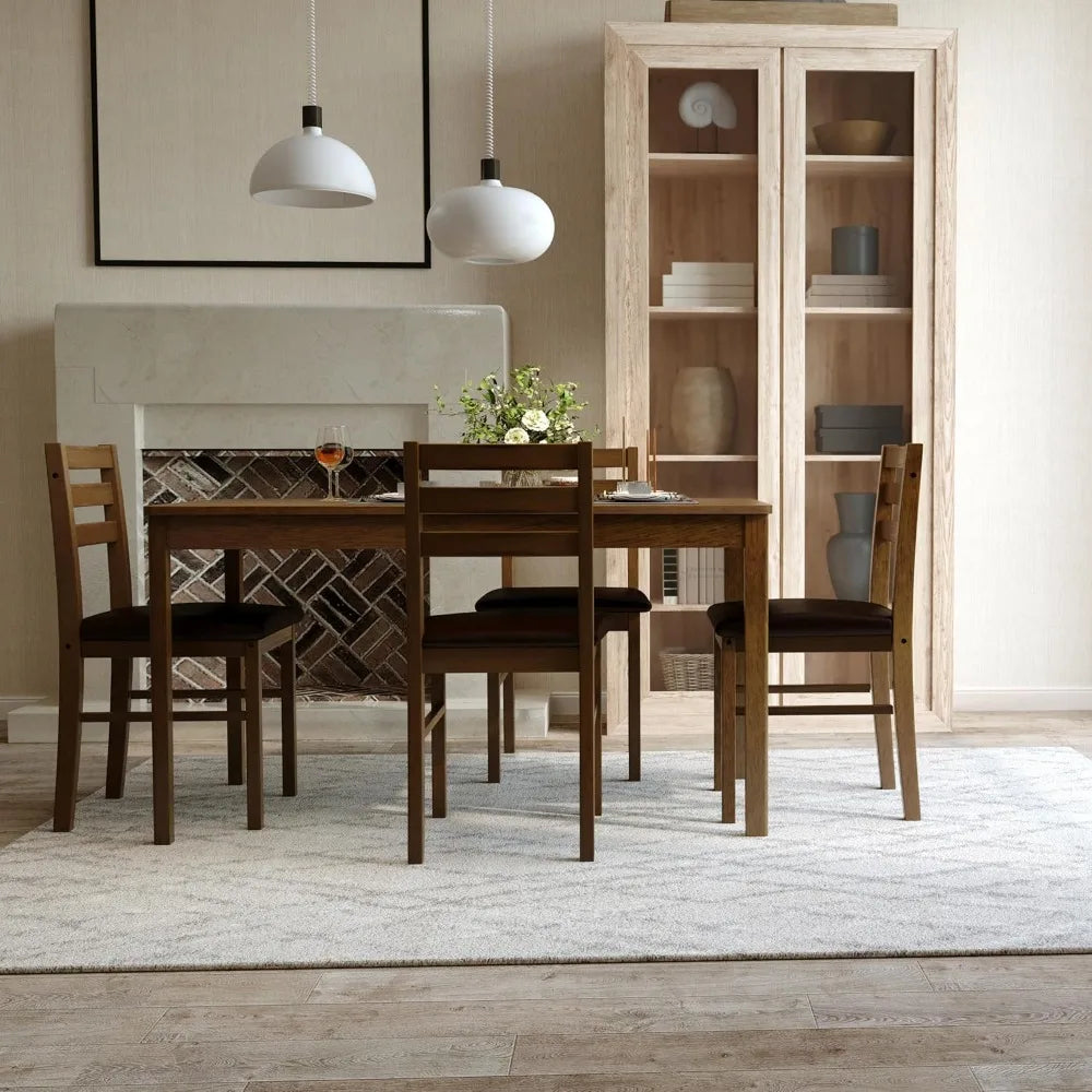 5-Piece Solid Wood Rectangular Dining Table Set for 4 with PU Leather Chairs - Happy Home Retreat