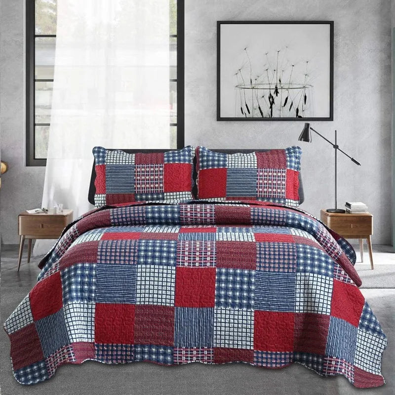 Plaid Quilt Set Queen Bedspread Coverlet Red Blue White Patchwork Soft Lightweight Bedding with 2 Pillow Shams - Happy Home Retreat