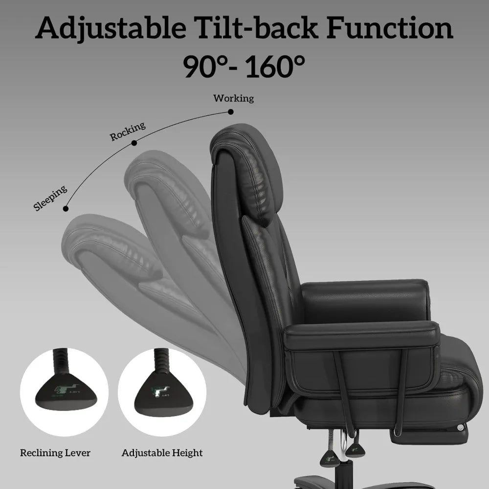 Big And Tall Office Chair 400LBS 160 Degree High Back Reclining Desk Chair With Wide Seat Arms And Footrest Black - Happy Home Retreat