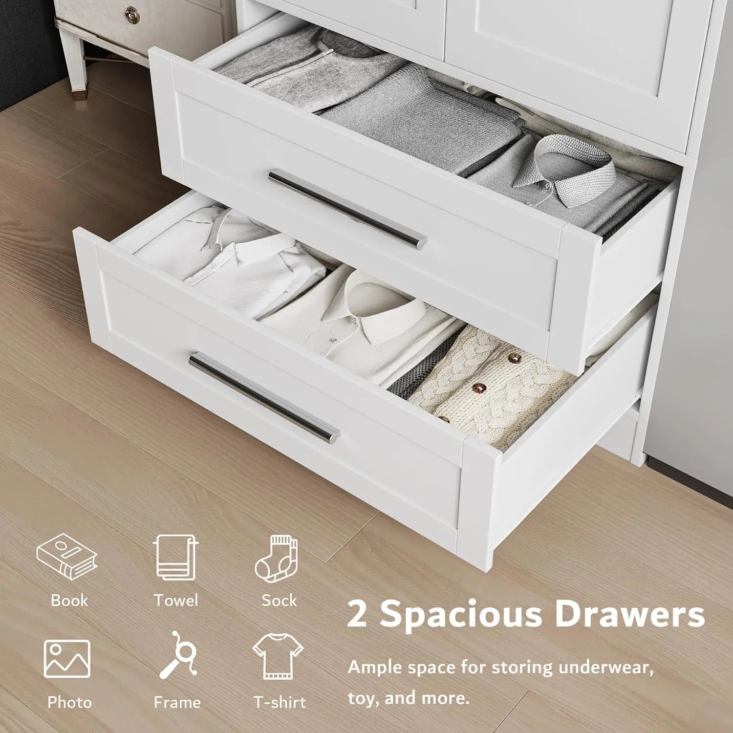 Armoire Wardrobe Closet with2Drawers Modern Wooden Bedroom Armoire with Doors Clothing Storage Cabinet with Aluminum Hanging Rod - Happy Home Retreat