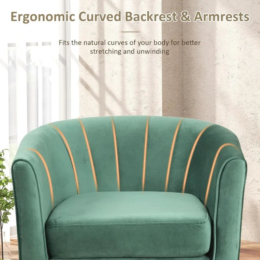 Modern Accent Chair With Ottoman In Teddy Velvet Barrel Design And Curved Back