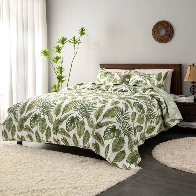 Home Tropical Plants Quilt Set King Size 3 Pieces Green Palm Leaves Rainforest Style Reversible Bedspread - Happy Home Retreat