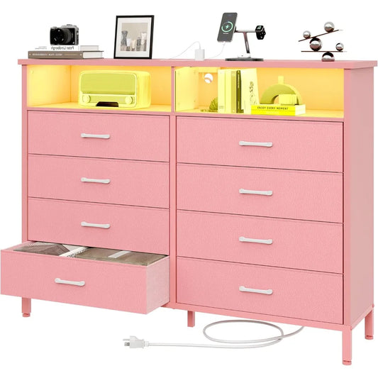 Pink Bedroom Dresser with LED Lights and Charging Station, 8 Fabric Drawers