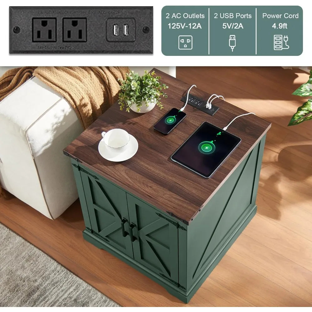 Farmhouse End Table With Charging Station Barn Door 24in - Happy Home Retreat