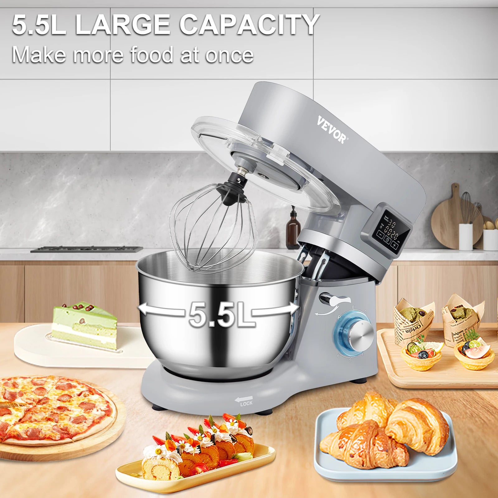 VEVOR Stand Mixer 660W Electric Dough Mixer with 6 Speeds LCD Screen Timing 5.8 Qt Stainless Steel Bowl Dough Hook Flat Beater - Happy Home Retreat