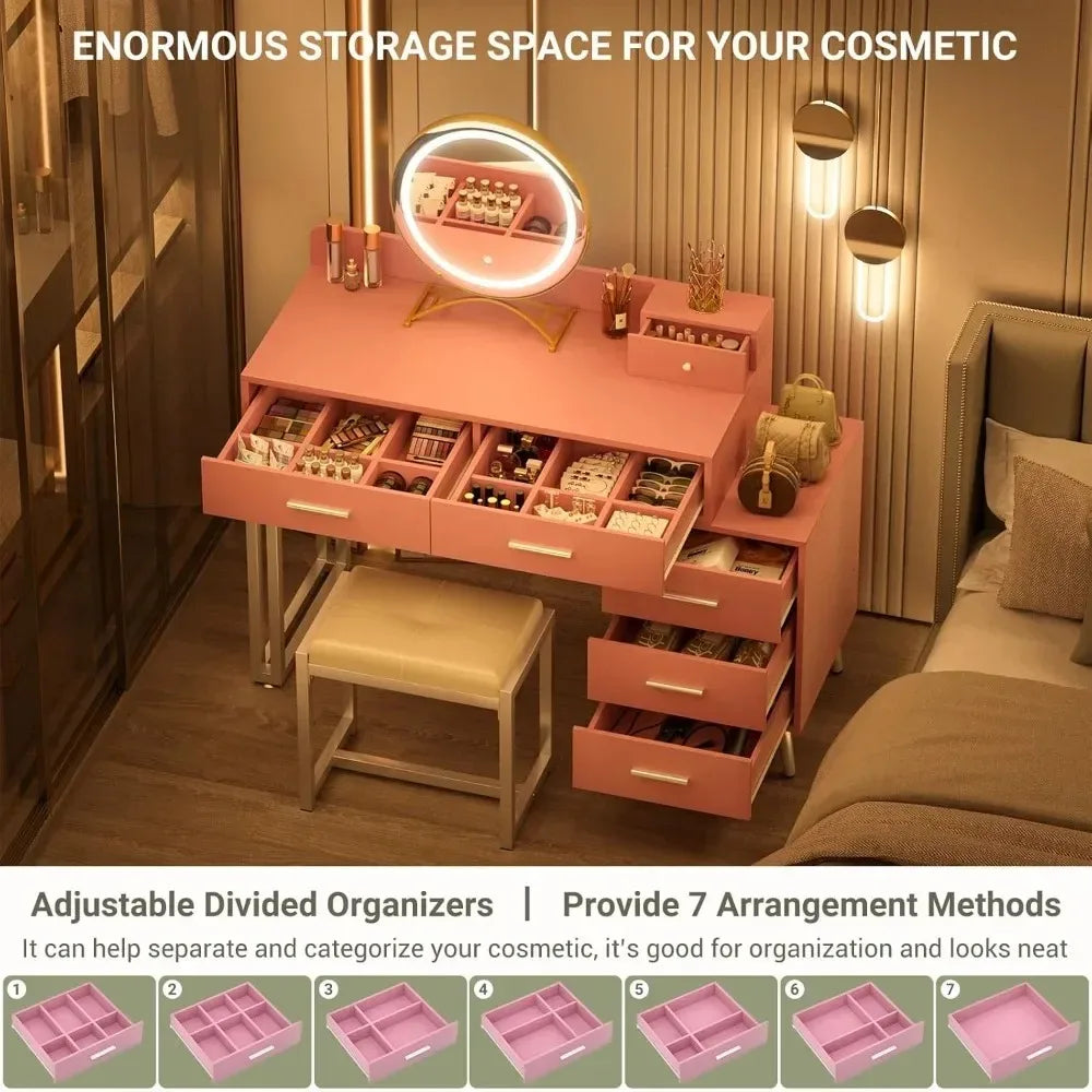 Pink Vanity Desk Set With Mirror And Lights 6 Drawers Cushioned Stool - Happy Home Retreat