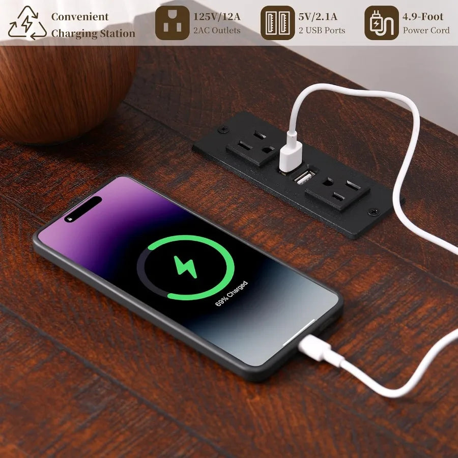 Dark Brown Wooden Bedside Table With Charging Station And 3 Drawers - Happy Home Retreat