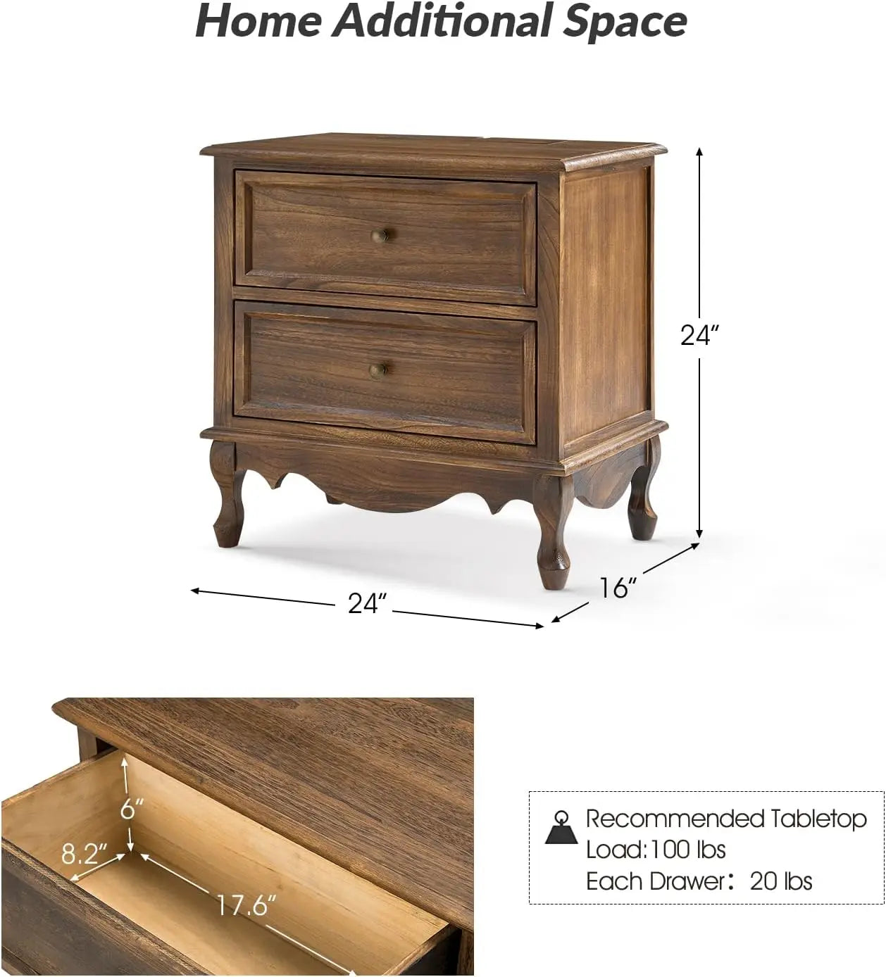 Solid Wood Nightstand With Charging Station Vintage Two Drawer Walnut - Happy Home Retreat