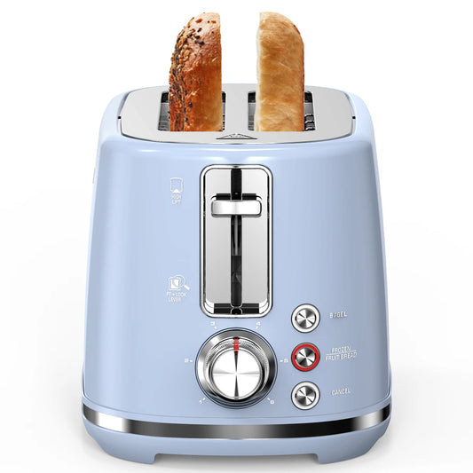 2 Slice Toaster with 1.5 Inch Extra Wide Slots and Removable Crumb Tray Six Browning Settings Auto Shut Off and Frozen Function Blue - Happy Home Retreat