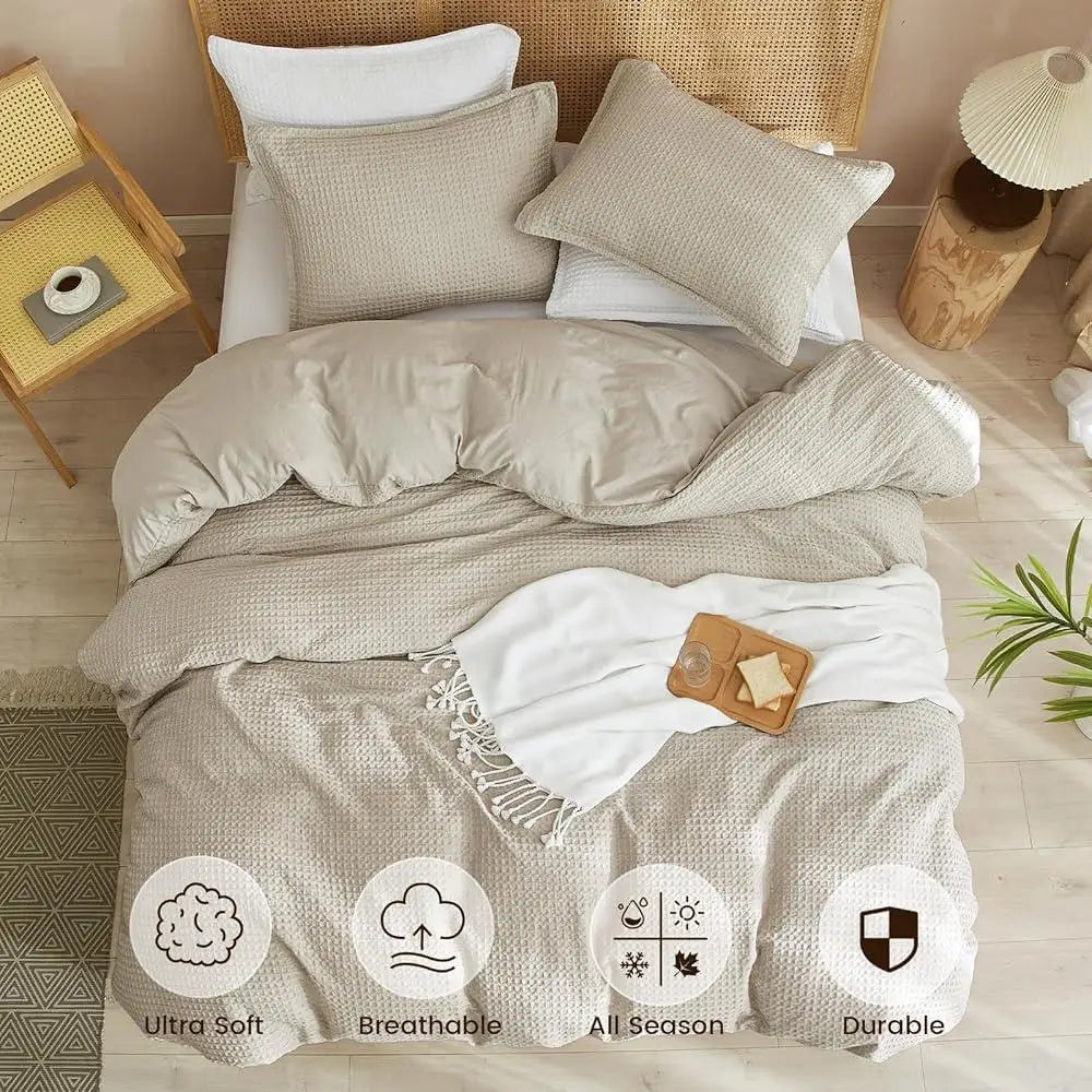 Ultra Soft Breathable Waffle Weave Duvet Cover Set Queen 3 Piece Comforter Cover All Season Durable Machine Washable - Happy Home Retreat