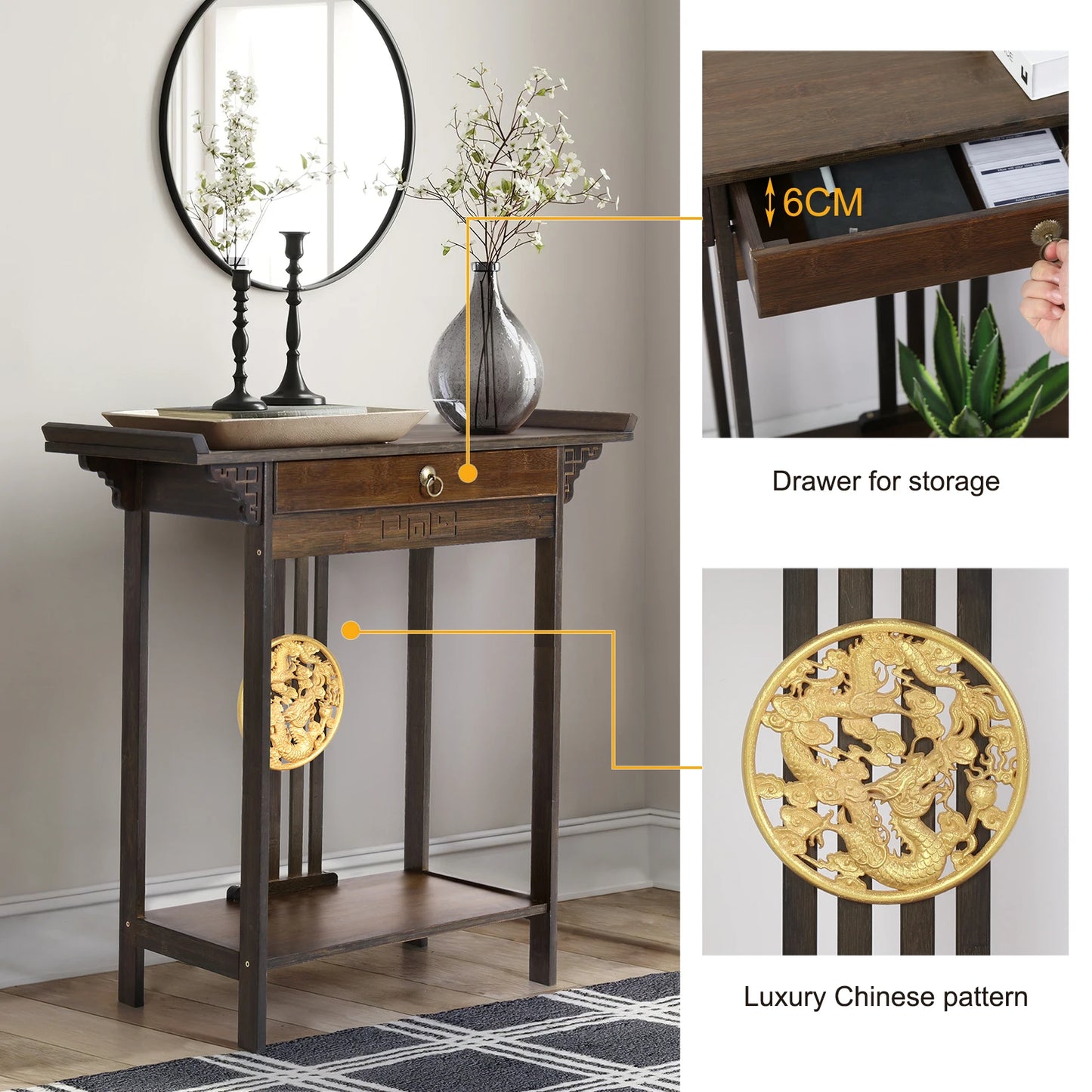 Rustic Brown Bamboo Console Table With Drawer And Shelf For Entryway Hallway - Happy Home Retreat