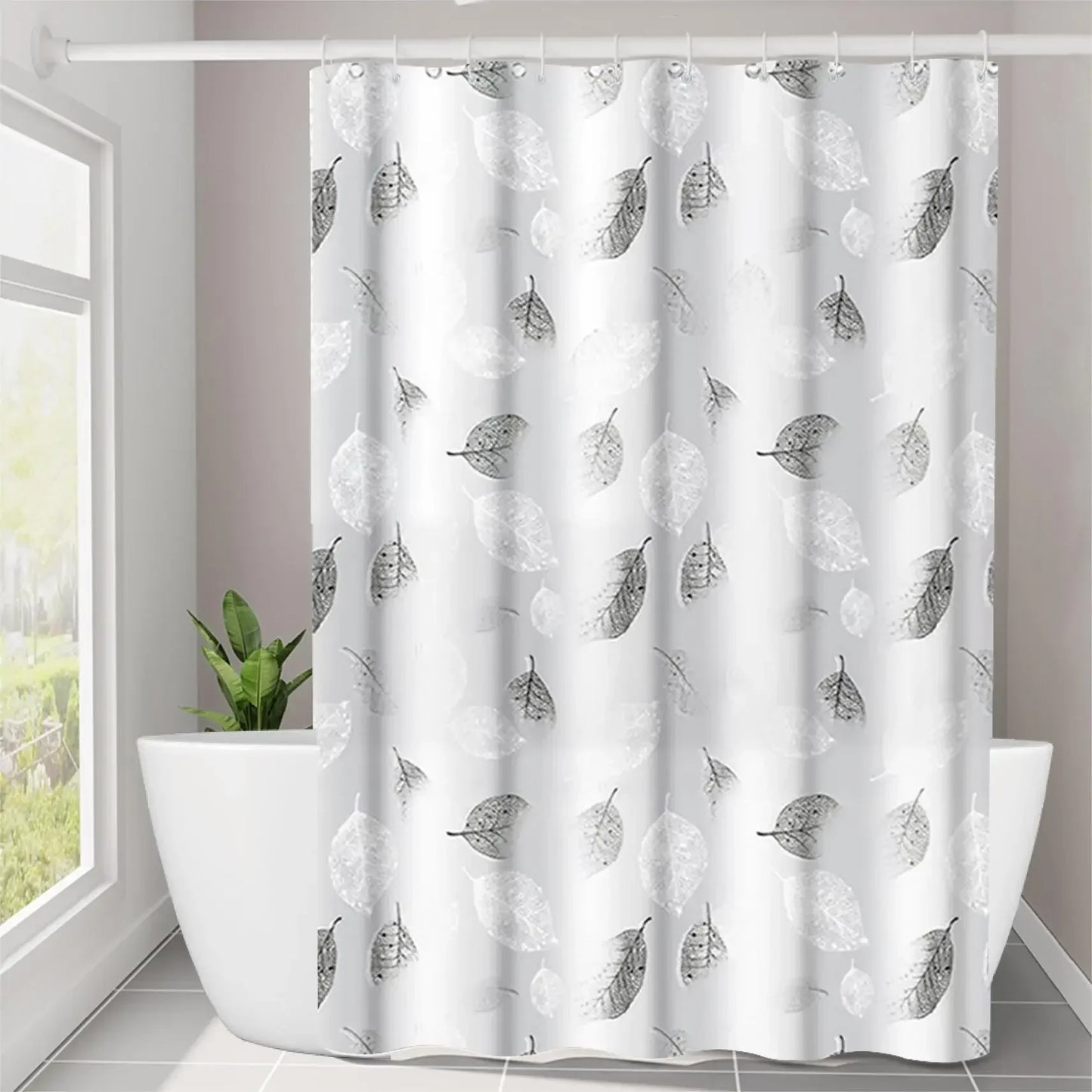 Leaf Pattern Peva Shower Curtain With Hooks, Transparent Bathroom Decor - Happy Home Retreat