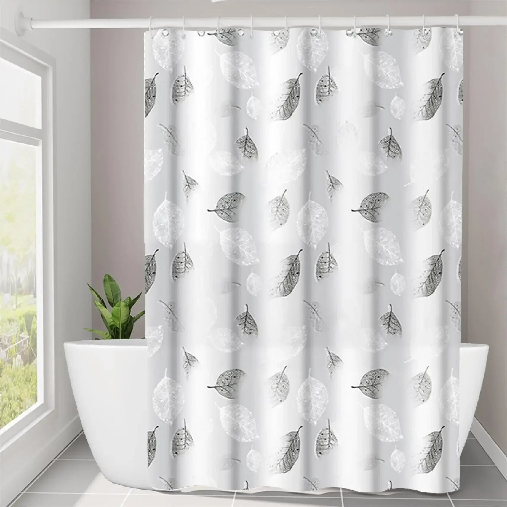 Leaf Pattern Peva Shower Curtain With Hooks, Transparent Bathroom Decor - Happy Home Retreat