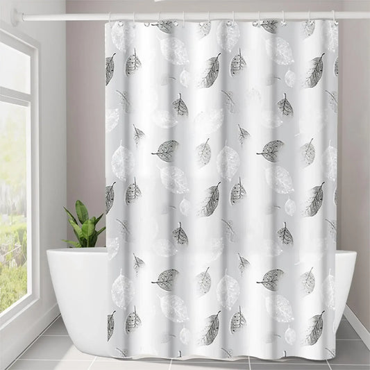 Leaf Pattern Peva Shower Curtain With Hooks, Transparent Bathroom Decor