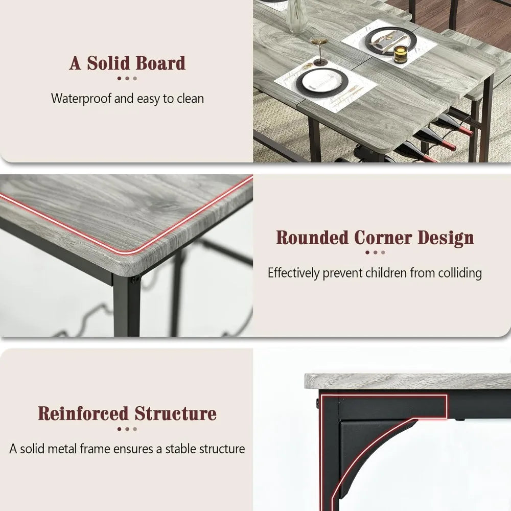 Rustic Grey 55 Inch Dining Table Set For 4 With Wine Rack - Happy Home Retreat