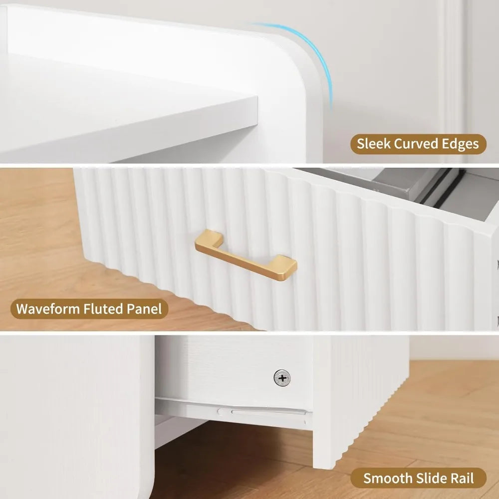 Night Stand With Charger Station Fluted Wood Drawer Storage Modern Bedside Table - Happy Home Retreat